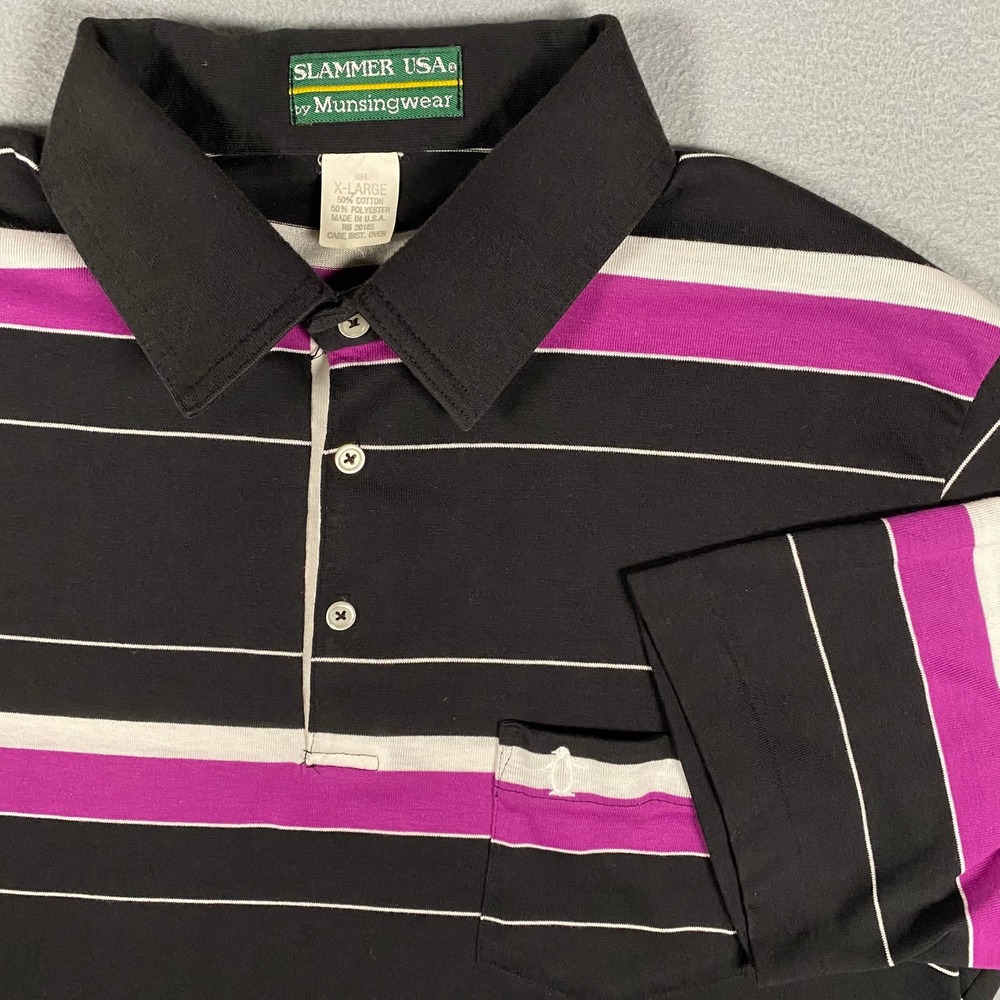 Vintage Slammer USA Munsingwear Mens XL Polo Shirt Black Purple Striped Penguin